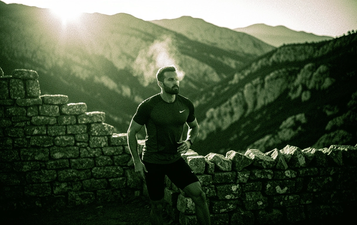 Ancient stone walls overlooking the Albanian mountains at dawn